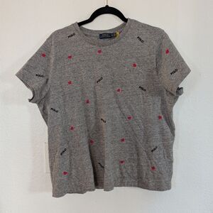 Polo Ralph Lauren Gray Hearts & Polo Graphic Embroidered T Shirt Preppy Casual